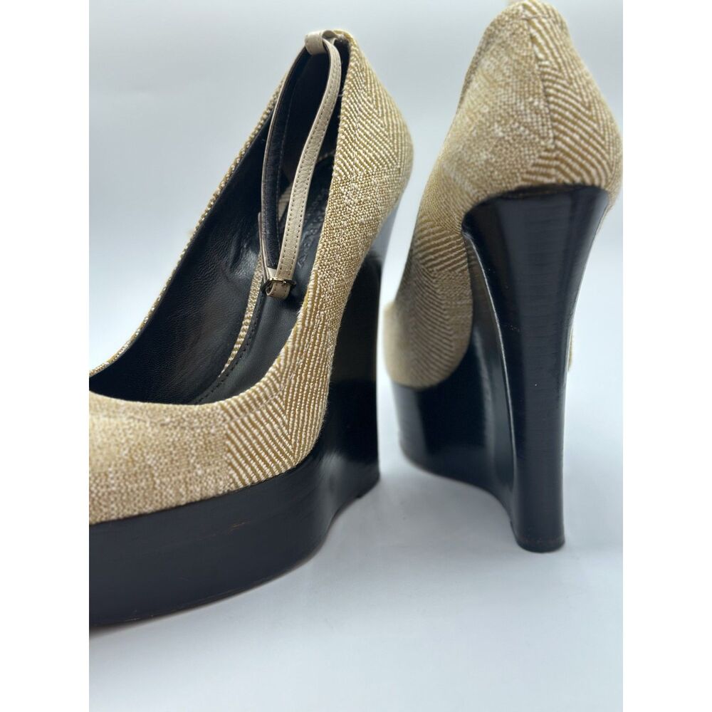 Burberry Tan Woven Platform Wedge Pumps Black Heels Sz 39 - Picture 7 of 9